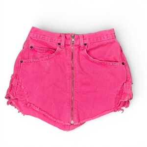 Carmar Neon Pink Distressed Denim Mini Skirt Zip Front Size 25